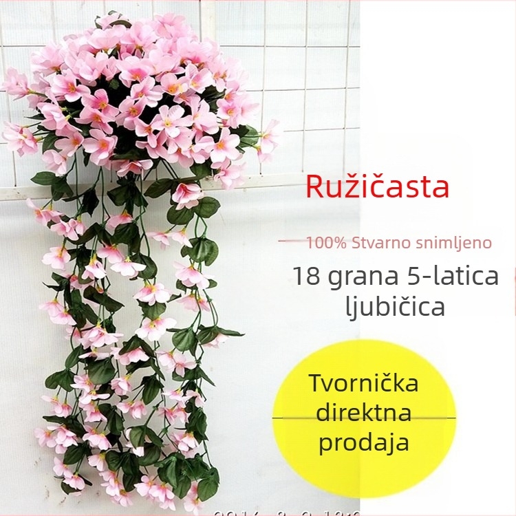 Set umjetnih cvjetova za zidnu dekoraciju: viseća biljka pauk, velike cvjetne glavice hortenzije, plastični umjetni cvjetovi i zelene loze