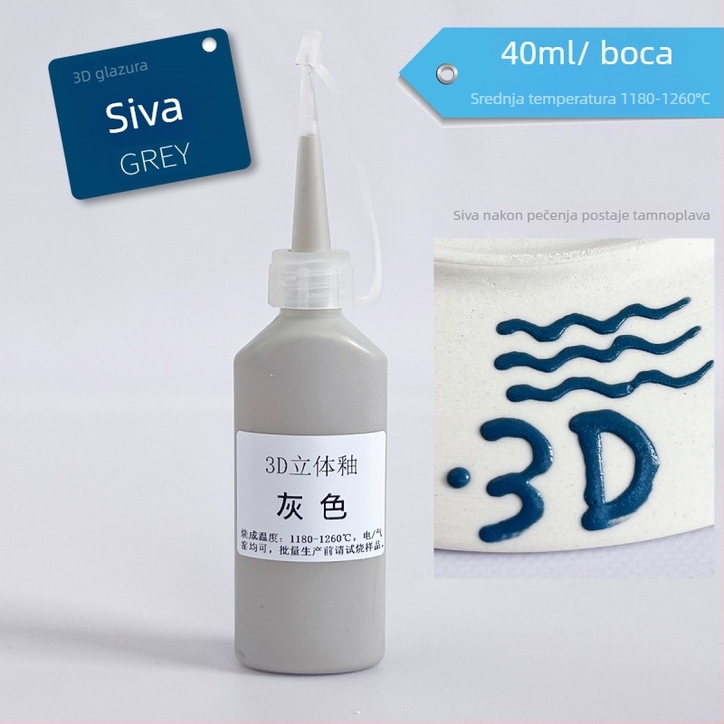Podglazurna keramička umjetnička boja za 3D reljefnu glazuru na bisque keramici, uzdignute linije, filigranska ukrasa i kreativno slikanje, boca 40 ml