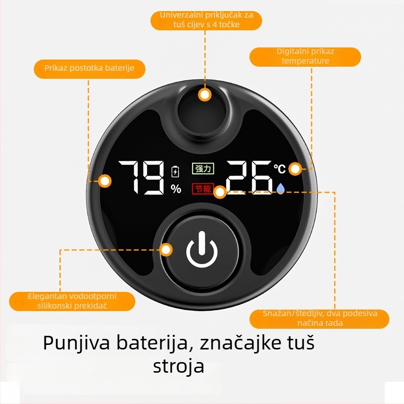 Prijenosni električni tuš s zidnim montažom i digitalnim zaslonom, namijenjen studentskim domovima, ruralnim kućama i vanjskoj uporabi.