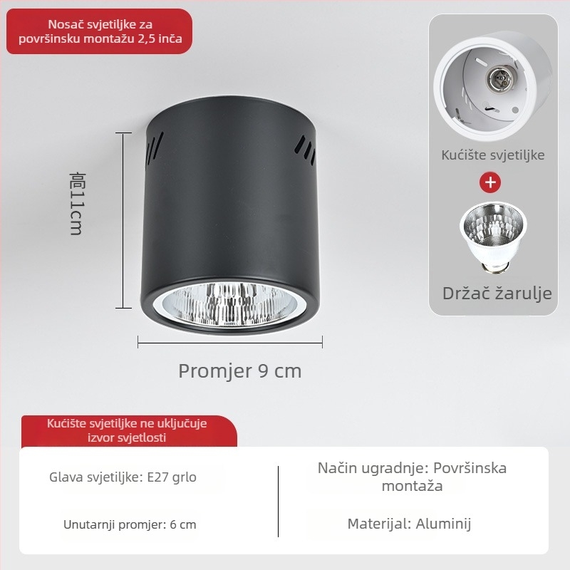 E27 okrugli downlight za površinsku montažu, promjer 4–6 inča, vintage kućište s abažurom, za plafon ili viseći nosač
