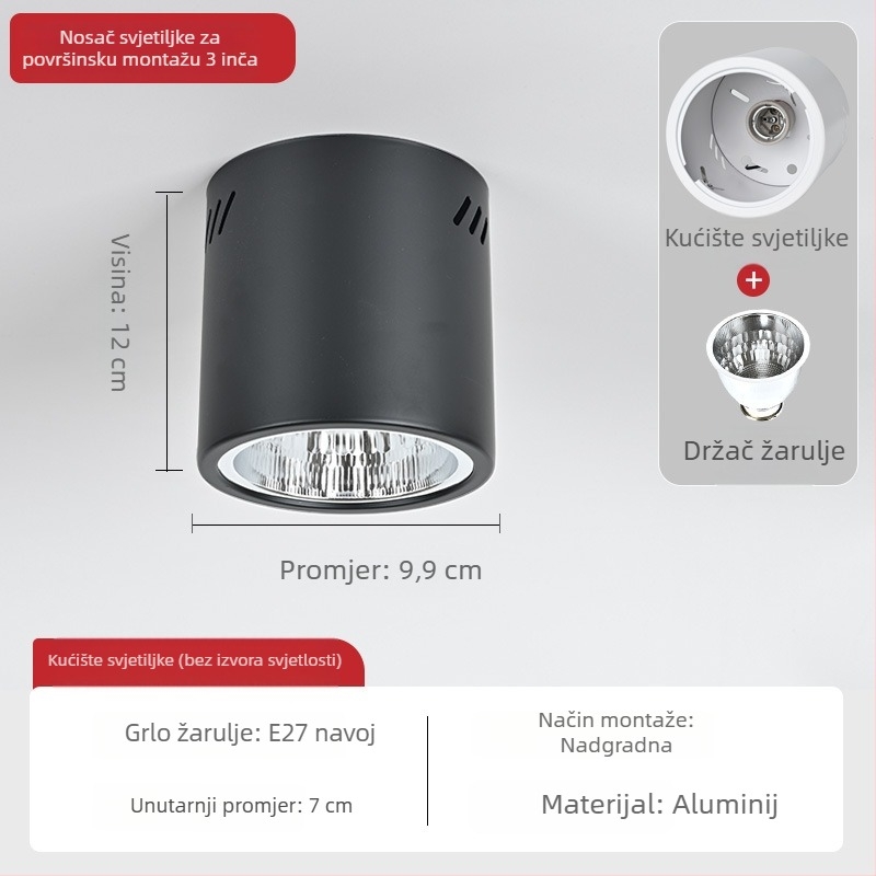 E27 okrugli downlight za površinsku montažu, promjer 4–6 inča, vintage kućište s abažurom, za plafon ili viseći nosač