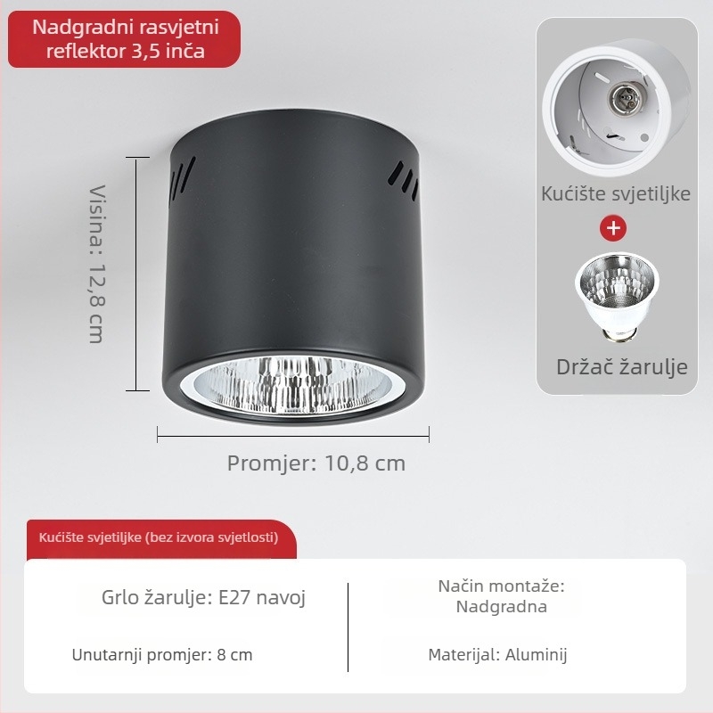 E27 okrugli downlight za površinsku montažu, promjer 4–6 inča, vintage kućište s abažurom, za plafon ili viseći nosač