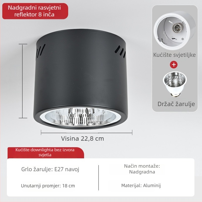 E27 okrugli downlight za površinsku montažu, promjer 4–6 inča, vintage kućište s abažurom, za plafon ili viseći nosač