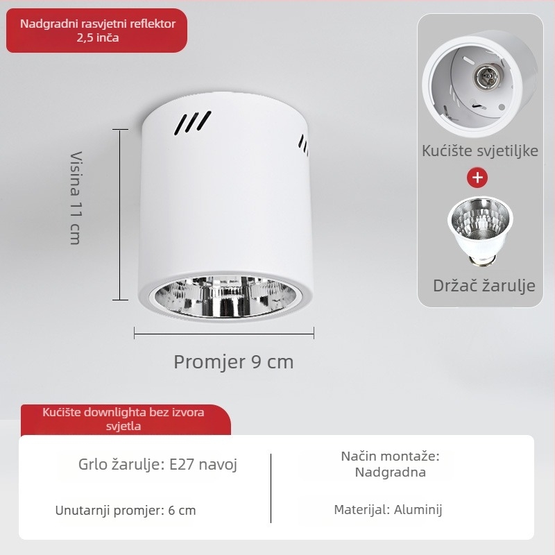 E27 okrugli downlight za površinsku montažu, promjer 4–6 inča, vintage kućište s abažurom, za plafon ili viseći nosač