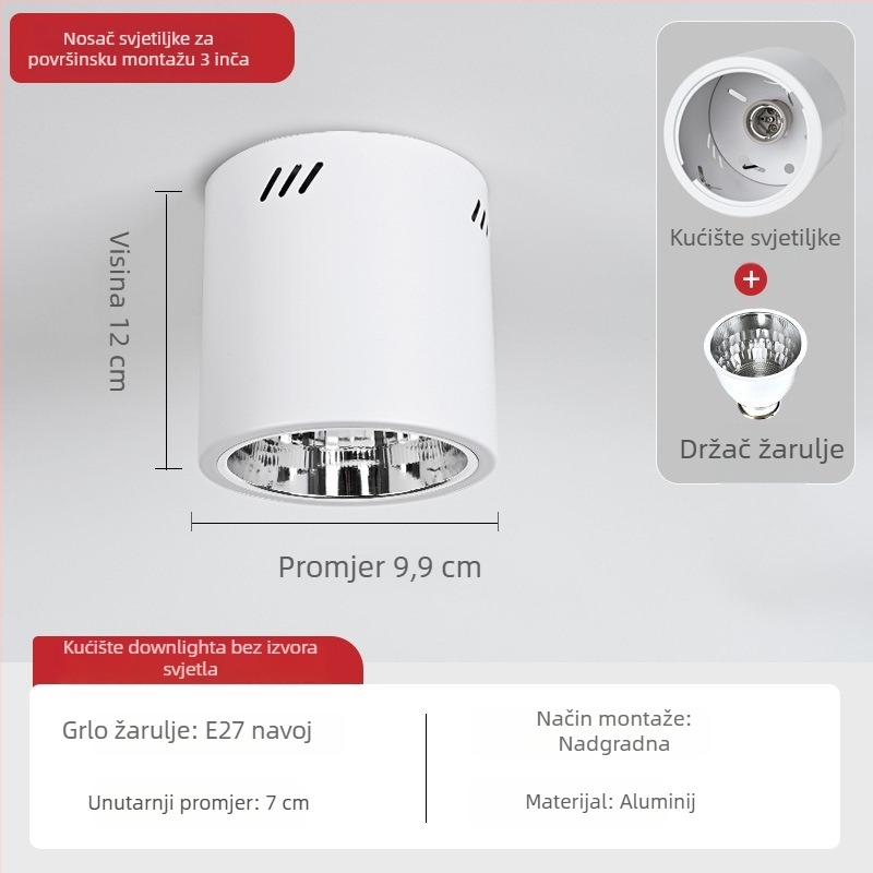 E27 okrugli downlight za površinsku montažu, promjer 4–6 inča, vintage kućište s abažurom, za plafon ili viseći nosač