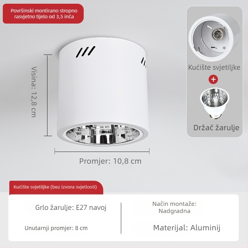 E27 okrugli downlight za površinsku montažu, promjer 4–6 inča, vintage kućište s abažurom, za plafon ili viseći nosač