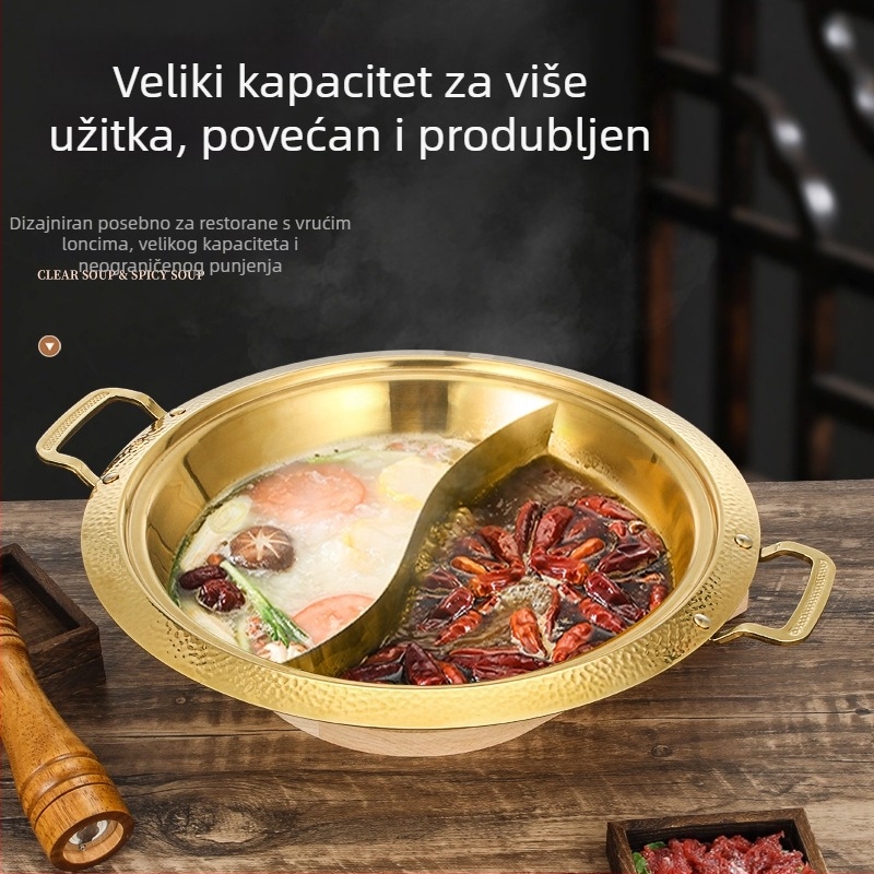 Lonac za hot pot od 304 nehrđajućeg čelika, dvodijelni okusa (bistra i ljuta juha), univerzalno za plinski ili indukcijski štednjak, kapacitet 4.1–10 L