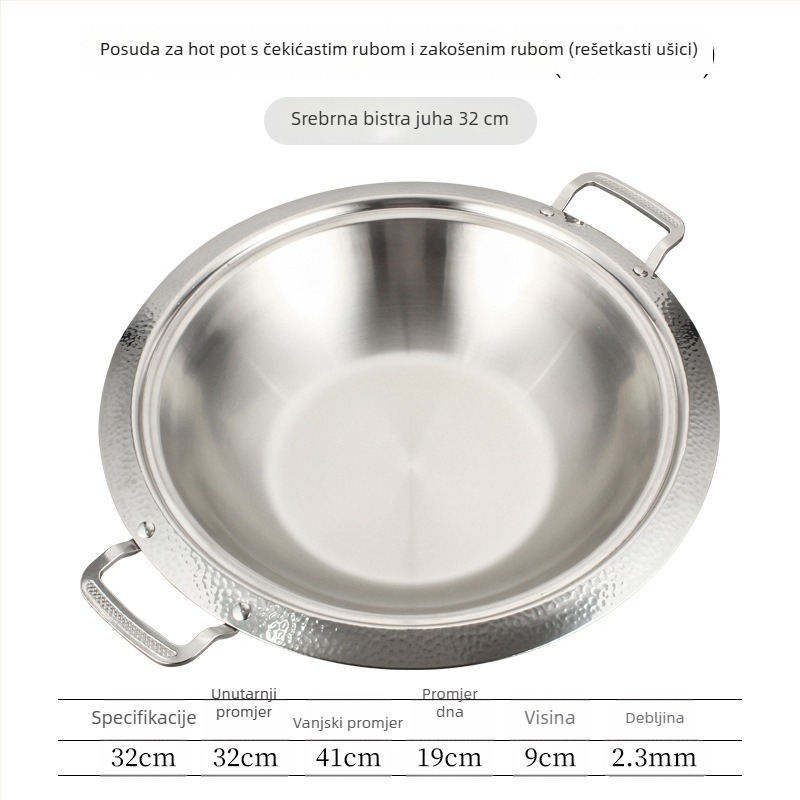 Lonac za hot pot od 304 nehrđajućeg čelika, dvodijelni okusa (bistra i ljuta juha), univerzalno za plinski ili indukcijski štednjak, kapacitet 4.1–10 L