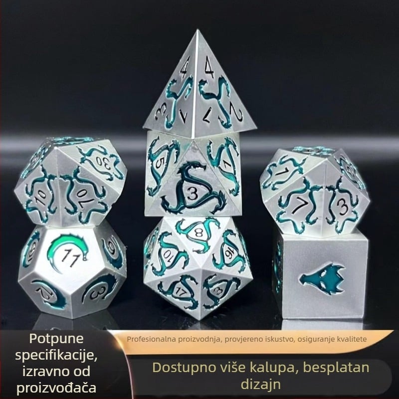 Metalne D&D kocke – set s glavom zmaja, poliedarne kocke od cinkove legure za TRPG