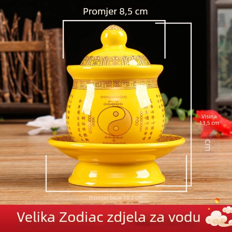 Daoistički keramički crveni set za darove s lotosom: pladanj za voće, čaša za vodu, tamjanik, vaza za Buddu i maslena lampa