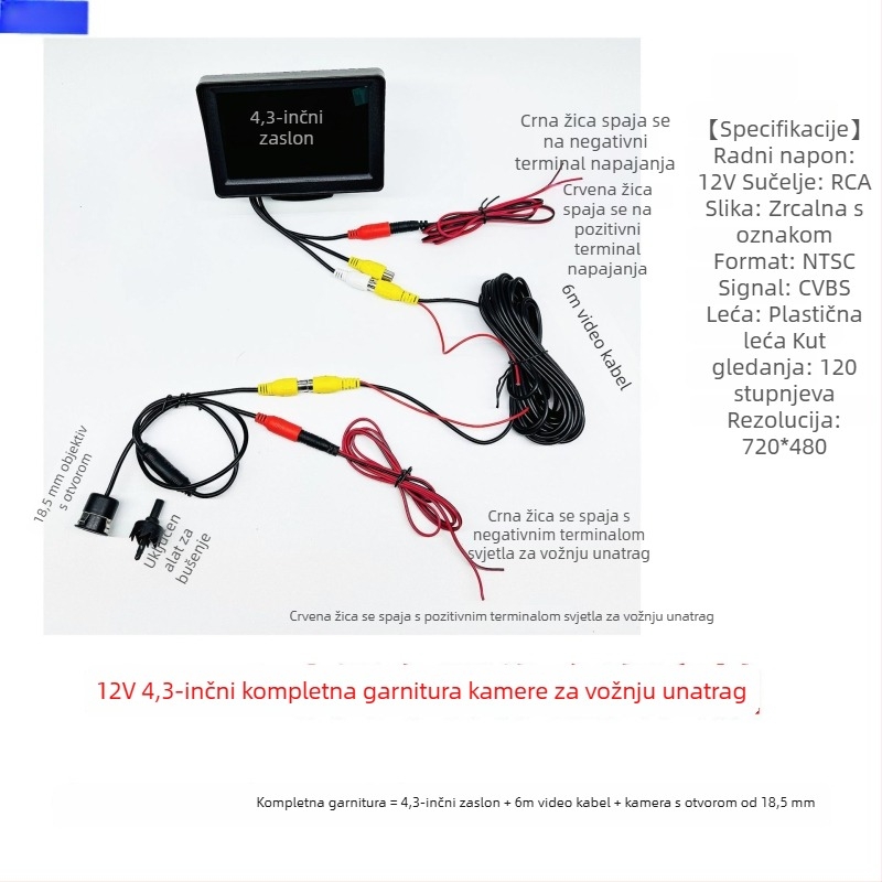 12V-24V 4,3-inčni HD monitor za stražnji pregled za kamione i automobile, s AV sučeljem i univerzalnim prikazom vozila