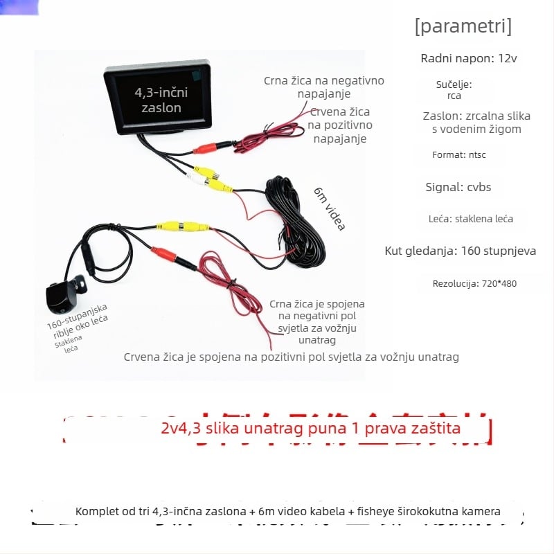 12V-24V 4,3-inčni HD monitor za stražnji pregled za kamione i automobile, s AV sučeljem i univerzalnim prikazom vozila
