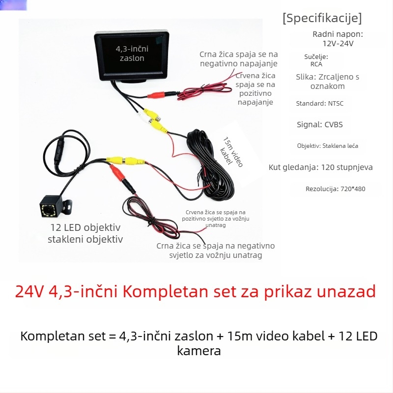 12V-24V 4,3-inčni HD monitor za stražnji pregled za kamione i automobile, s AV sučeljem i univerzalnim prikazom vozila