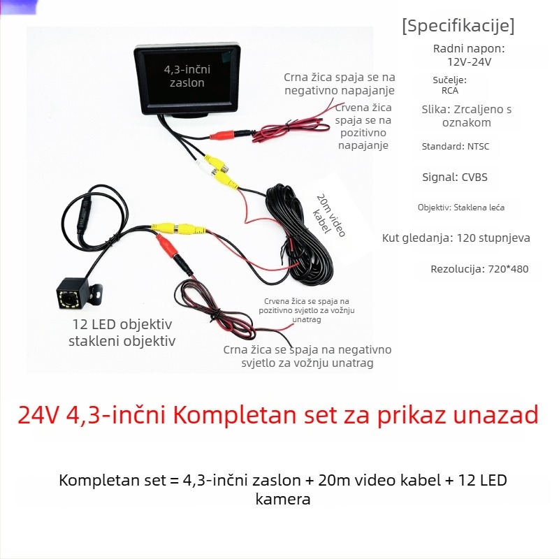 12V-24V 4,3-inčni HD monitor za stražnji pregled za kamione i automobile, s AV sučeljem i univerzalnim prikazom vozila