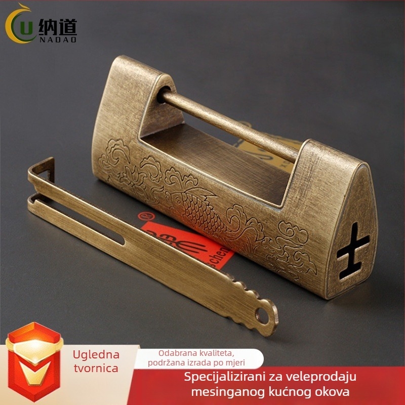 Auspicious Fish Lock — Kineska stil starinska bakrena križna šarka s graviranim ukrasima za drvene kutije