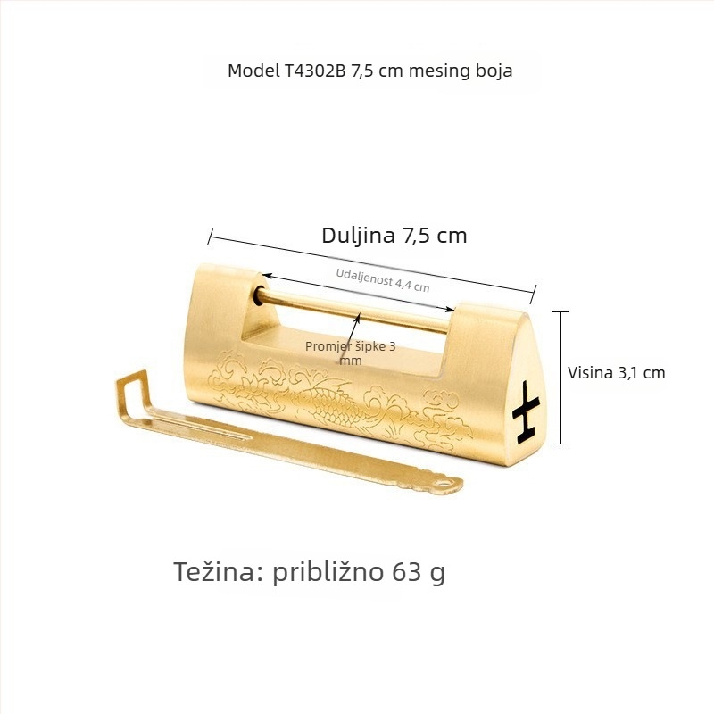 Auspicious Fish Lock — Kineska stil starinska bakrena križna šarka s graviranim ukrasima za drvene kutije