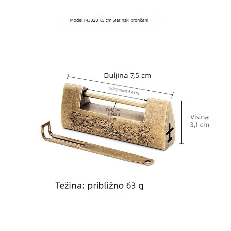 Auspicious Fish Lock — Kineska stil starinska bakrena križna šarka s graviranim ukrasima za drvene kutije