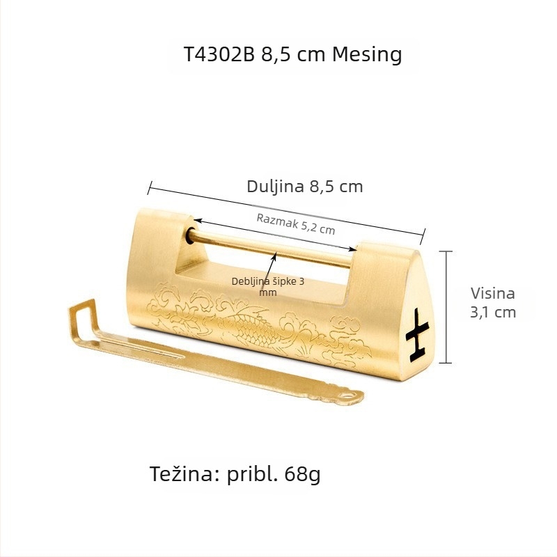 Auspicious Fish Lock — Kineska stil starinska bakrena križna šarka s graviranim ukrasima za drvene kutije