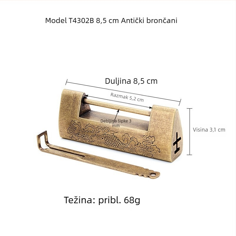 Auspicious Fish Lock — Kineska stil starinska bakrena križna šarka s graviranim ukrasima za drvene kutije