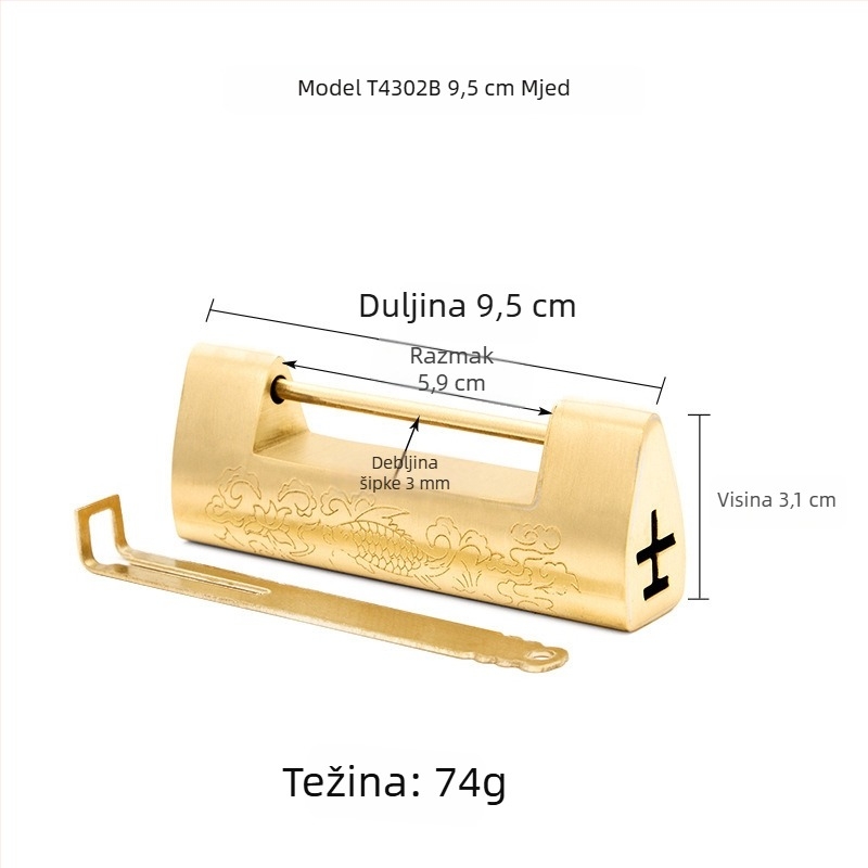 Auspicious Fish Lock — Kineska stil starinska bakrena križna šarka s graviranim ukrasima za drvene kutije