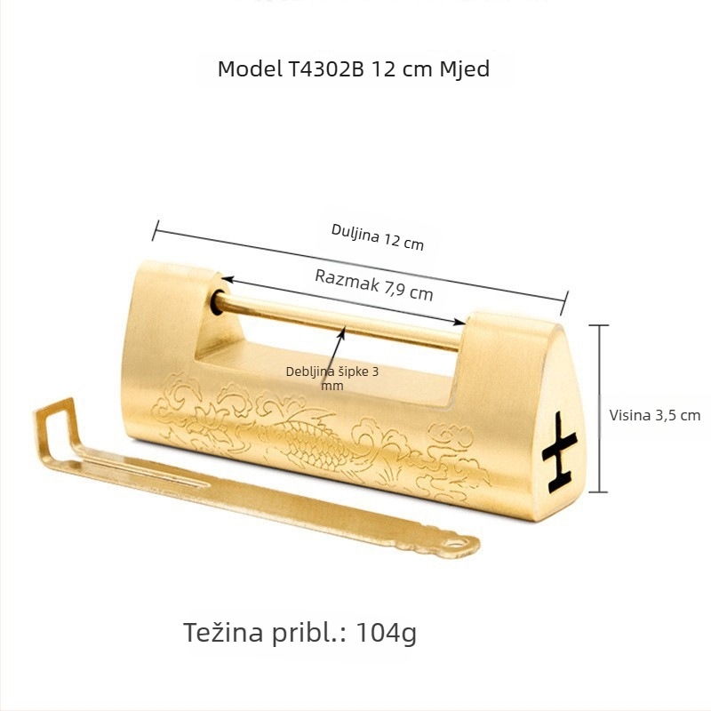 Auspicious Fish Lock — Kineska stil starinska bakrena križna šarka s graviranim ukrasima za drvene kutije