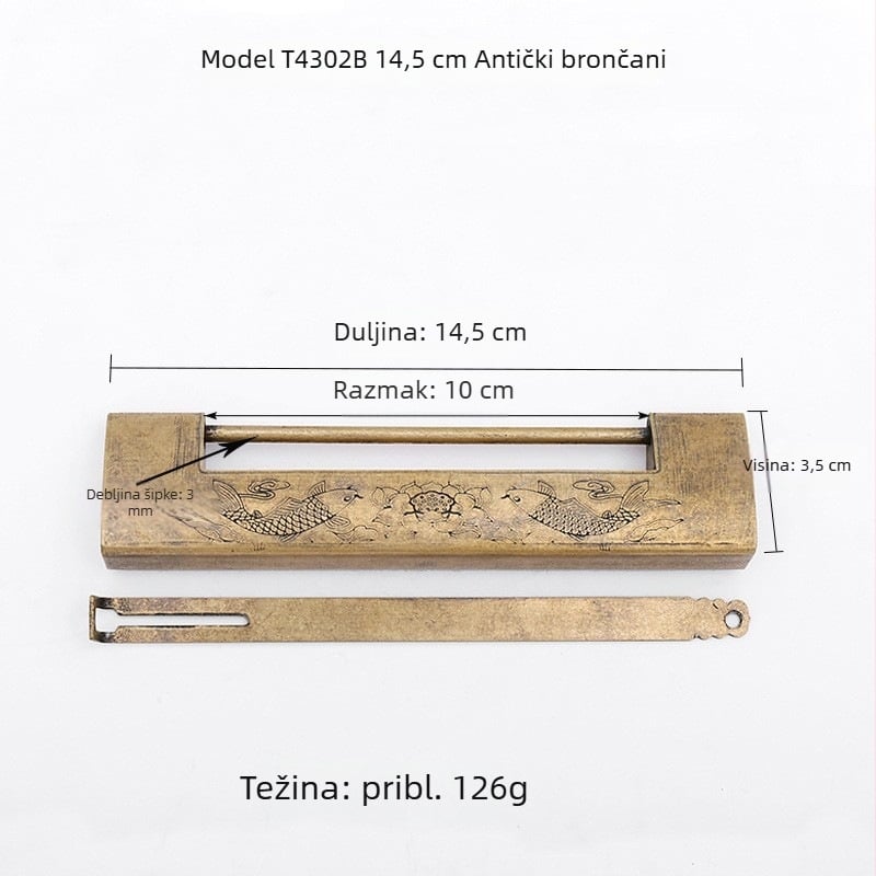 Auspicious Fish Lock — Kineska stil starinska bakrena križna šarka s graviranim ukrasima za drvene kutije