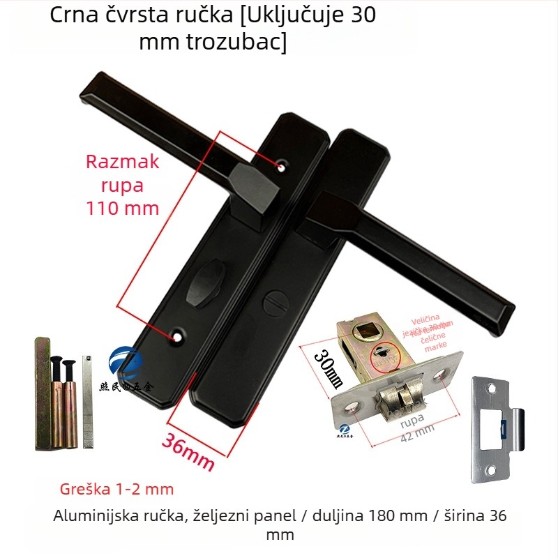 Brava za kupaonica vrata, aluminijska legura, ručica s jednim jezičkom, staklena vrata, crna