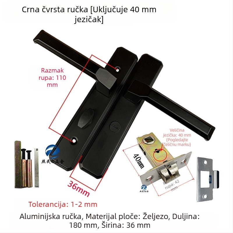 Brava za kupaonica vrata, aluminijska legura, ručica s jednim jezičkom, staklena vrata, crna