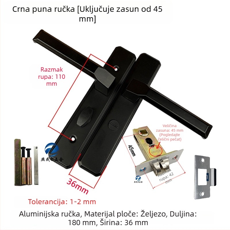 Brava za kupaonica vrata, aluminijska legura, ručica s jednim jezičkom, staklena vrata, crna