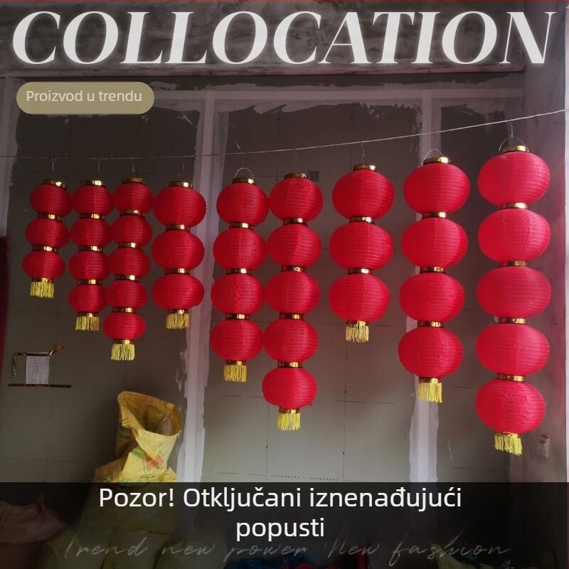 Sjajne crveni lampioni na nizu: set od 3, 4 i 5 lampiona, lampioni u obliku zimskog dinje, s otisnutim dizajnom