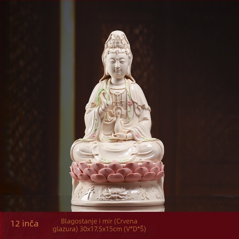 Nasmijana statua Guanyin Bodhisattva, sjedena na lotosu, porcelanska dekoracija za dom