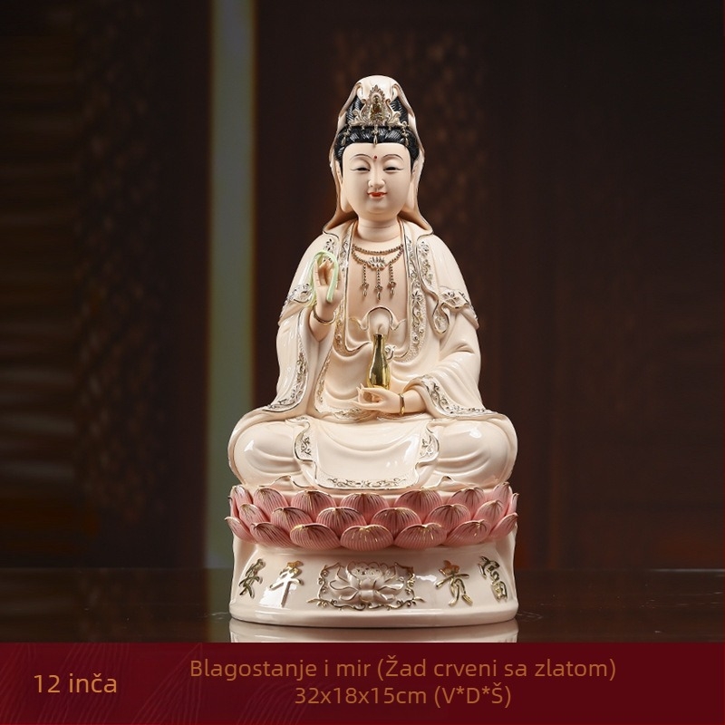 Nasmijana statua Guanyin Bodhisattva, sjedena na lotosu, porcelanska dekoracija za dom