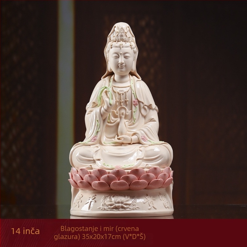 Nasmijana statua Guanyin Bodhisattva, sjedena na lotosu, porcelanska dekoracija za dom