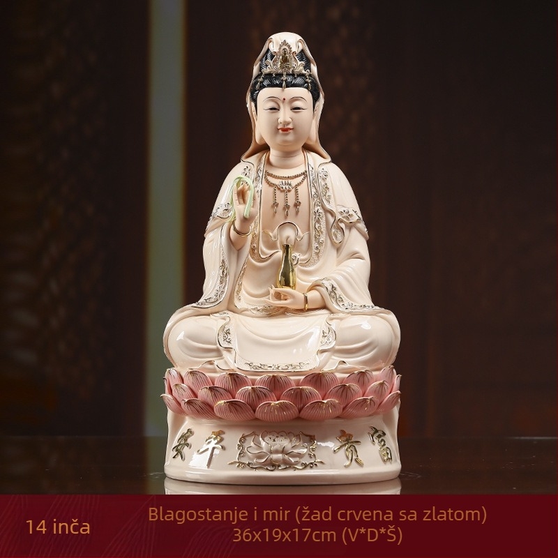 Nasmijana statua Guanyin Bodhisattva, sjedena na lotosu, porcelanska dekoracija za dom