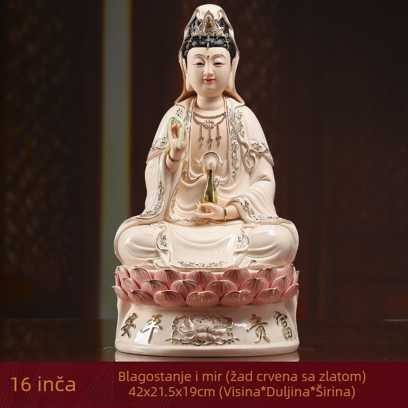 Nasmijana statua Guanyin Bodhisattva, sjedena na lotosu, porcelanska dekoracija za dom
