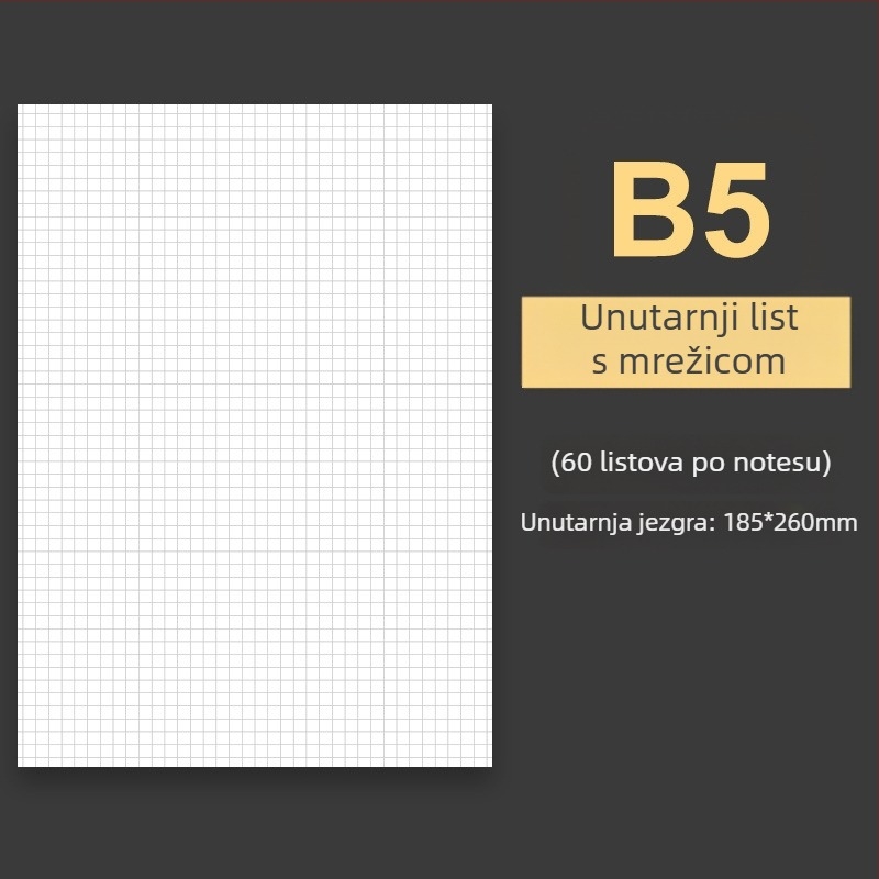 B5 bilježnica s mekim omotom, 60 listova s mrežom, prilagodljiva, perforacije 20 ili 9 rupa, zamjenjivi listovi