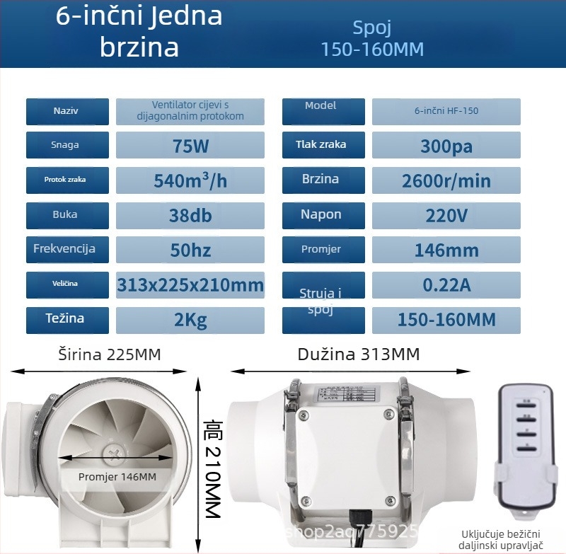 Kanalski ventilator za kuhinju i kupaonu — tih, visokoučinkovit ispušni ventilator za industrijsku ventilaciju