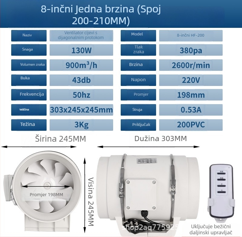 Kanalski ventilator za kuhinju i kupaonu — tih, visokoučinkovit ispušni ventilator za industrijsku ventilaciju