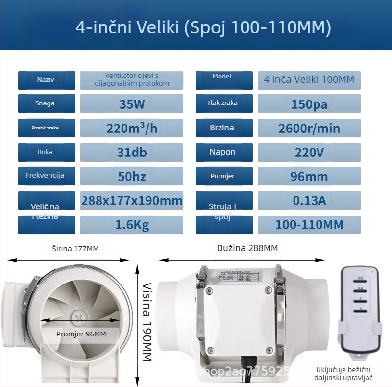 Kanalski ventilator za kuhinju i kupaonu — tih, visokoučinkovit ispušni ventilator za industrijsku ventilaciju