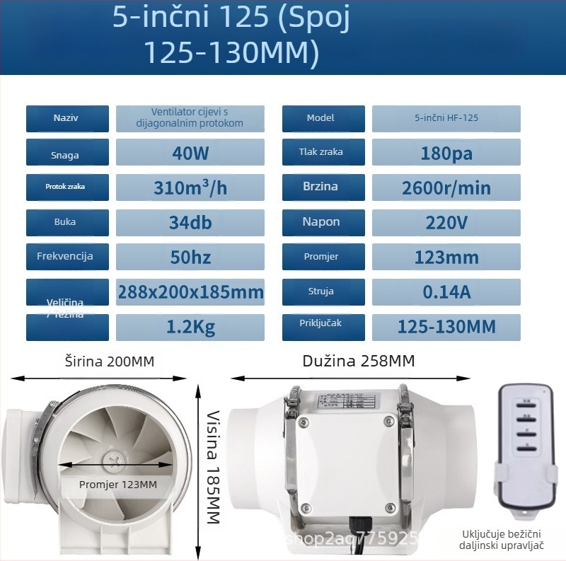 Kanalski ventilator za kuhinju i kupaonu — tih, visokoučinkovit ispušni ventilator za industrijsku ventilaciju
