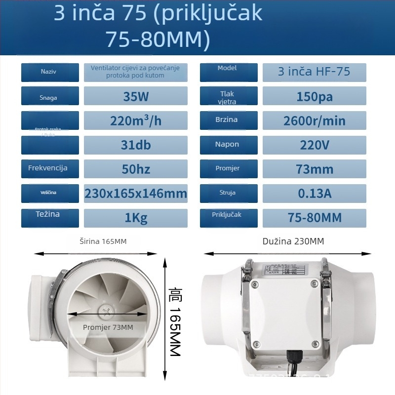 Kanalski ventilator za kuhinju i kupaonu — tih, visokoučinkovit ispušni ventilator za industrijsku ventilaciju