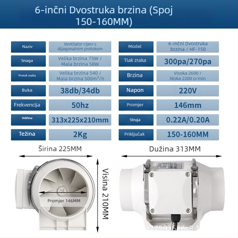 Kanalski ventilator za kuhinju i kupaonu — tih, visokoučinkovit ispušni ventilator za industrijsku ventilaciju