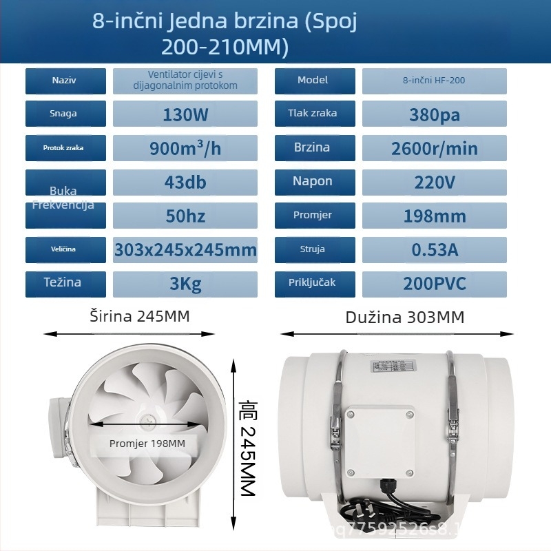 Kanalski ventilator za kuhinju i kupaonu — tih, visokoučinkovit ispušni ventilator za industrijsku ventilaciju