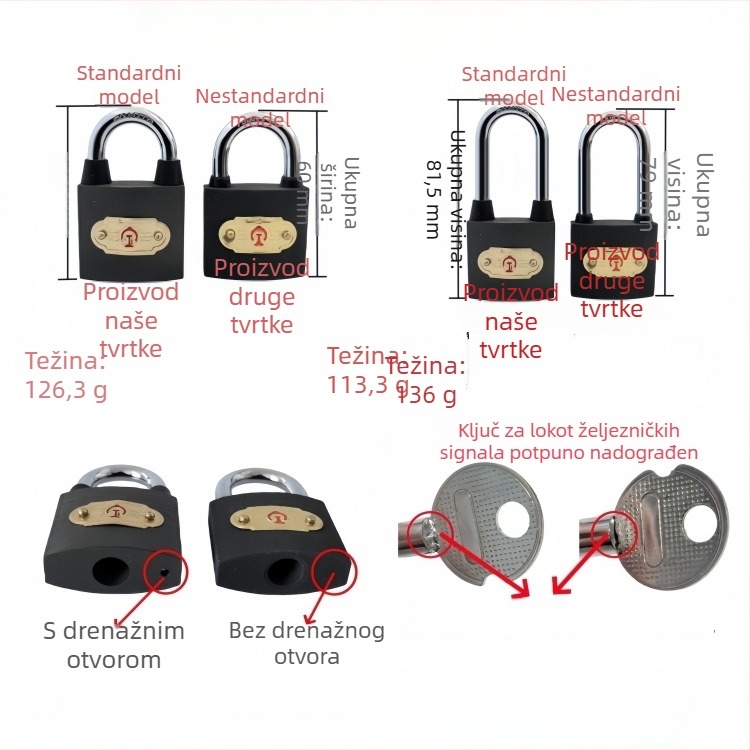 Xintianer željeznički lokot 38 mm, metalni sigurnosni lokot s univerzalnim ključem, model XTE-TLS38mm