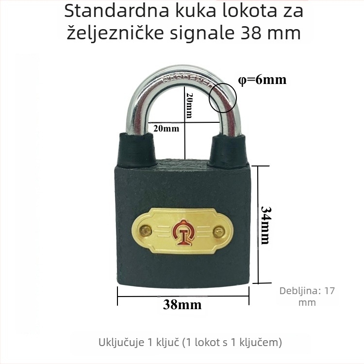 Xintianer željeznički lokot 38 mm, metalni sigurnosni lokot s univerzalnim ključem, model XTE-TLS38mm
