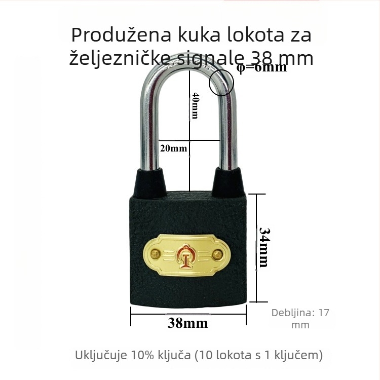 Xintianer željeznički lokot 38 mm, metalni sigurnosni lokot s univerzalnim ključem, model XTE-TLS38mm