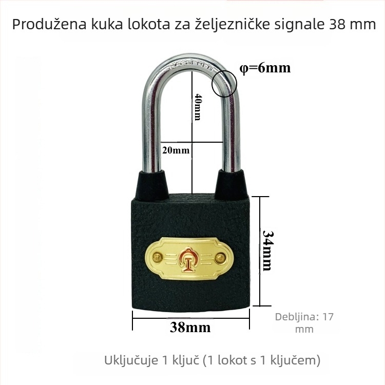 Xintianer željeznički lokot 38 mm, metalni sigurnosni lokot s univerzalnim ključem, model XTE-TLS38mm