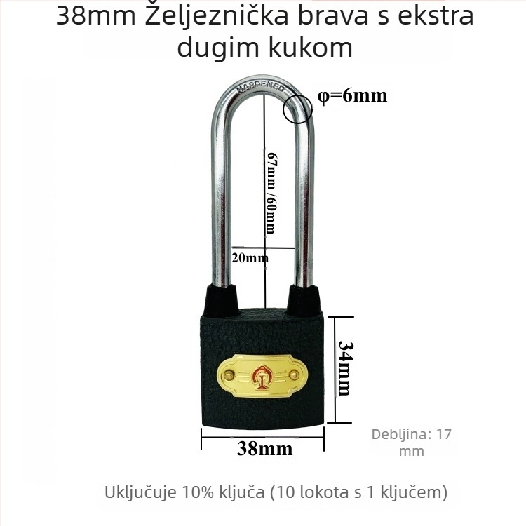 Xintianer željeznički lokot 38 mm, metalni sigurnosni lokot s univerzalnim ključem, model XTE-TLS38mm