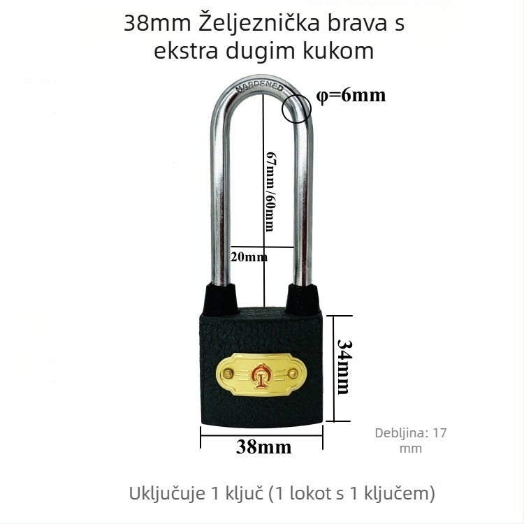 Xintianer željeznički lokot 38 mm, metalni sigurnosni lokot s univerzalnim ključem, model XTE-TLS38mm