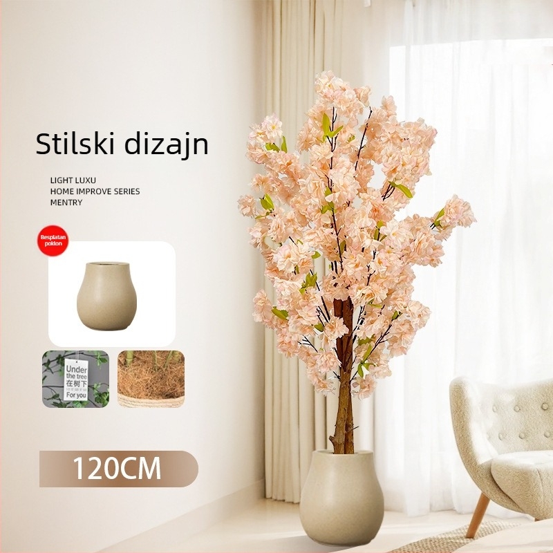 Umjetno Champagne drvo u loncu s umjetnim cvjetovima breskve i zelenilom, podna dekoracija dnevnog boravka.